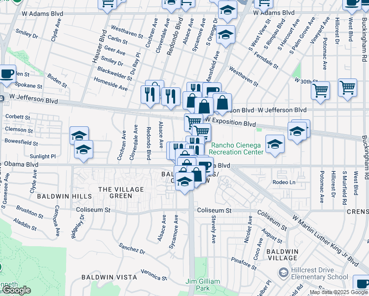 map of restaurants, bars, coffee shops, grocery stores, and more near 3507 South La Brea Avenue in Los Angeles