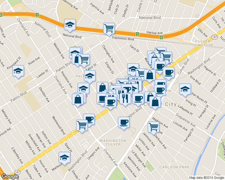 map of restaurants, bars, coffee shops, grocery stores, and more near 3742 Jasmine Avenue in Los Angeles