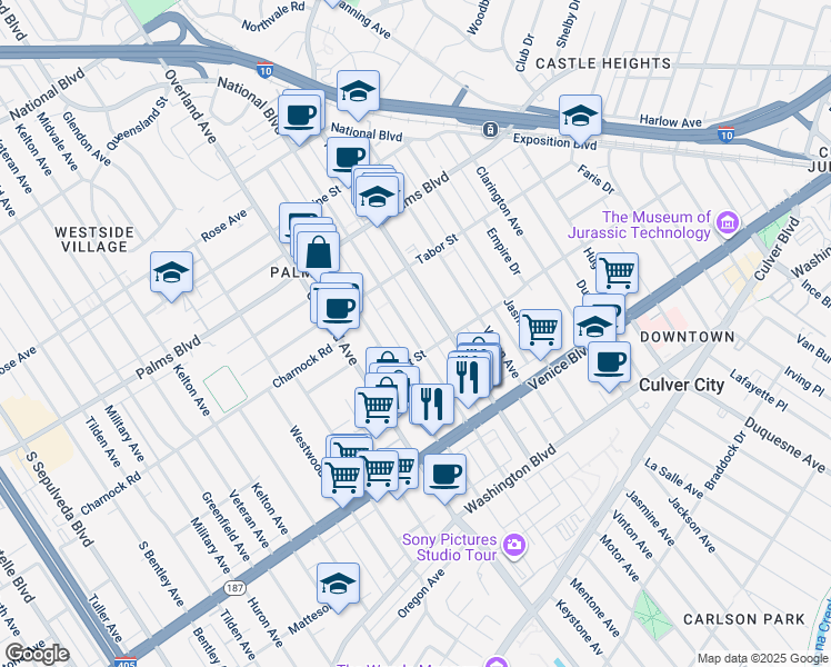 map of restaurants, bars, coffee shops, grocery stores, and more near 3662 Mentone Avenue in Los Angeles