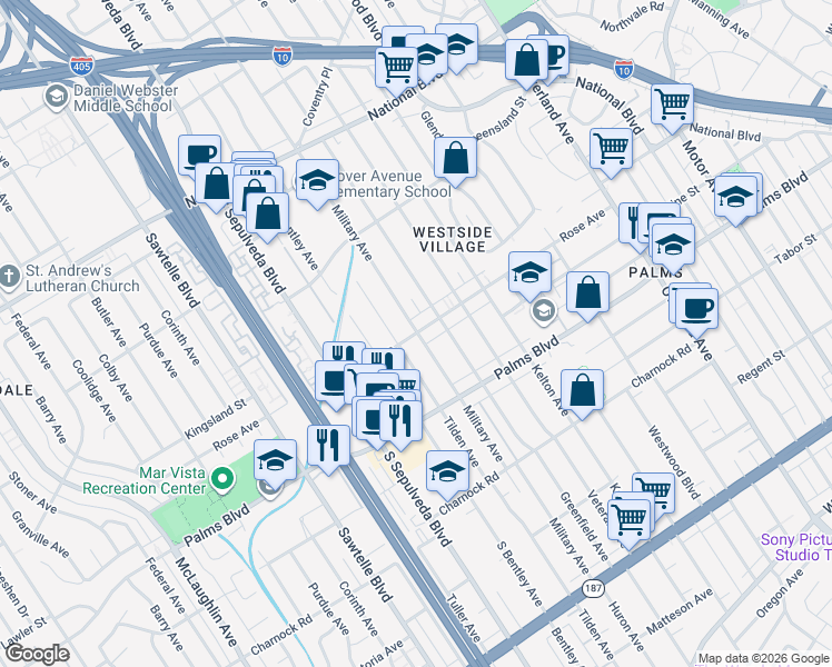 map of restaurants, bars, coffee shops, grocery stores, and more near 10974 Rose Avenue in Los Angeles