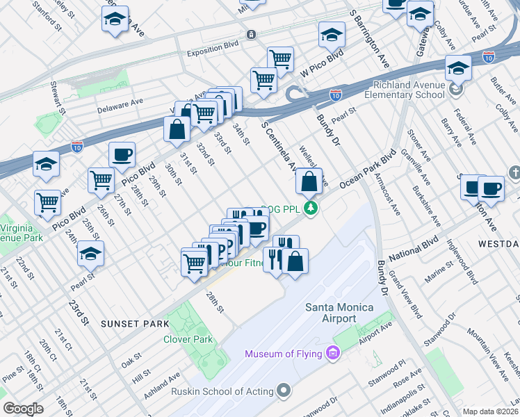 map of restaurants, bars, coffee shops, grocery stores, and more near 2643 33rd Street in Santa Monica