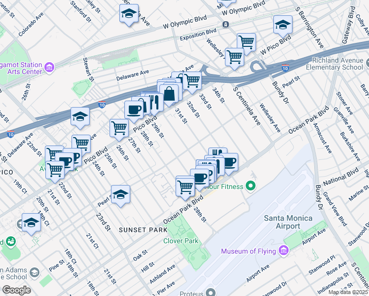 map of restaurants, bars, coffee shops, grocery stores, and more near 3001 Pearl Street in Santa Monica
