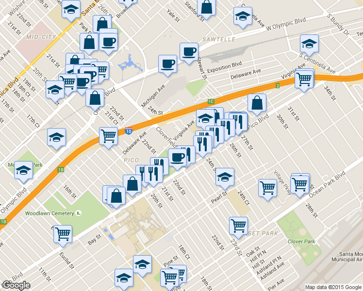 map of restaurants, bars, coffee shops, grocery stores, and more near 2009 Cloverfield Boulevard in Santa Monica