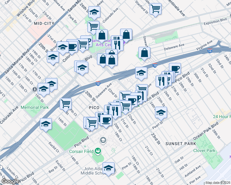 map of restaurants, bars, coffee shops, grocery stores, and more near 1950 Cloverfield Boulevard in Santa Monica