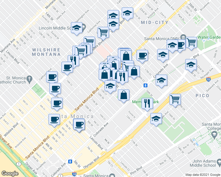 map of restaurants, bars, coffee shops, grocery stores, and more near 1438 14th Street in Santa Monica