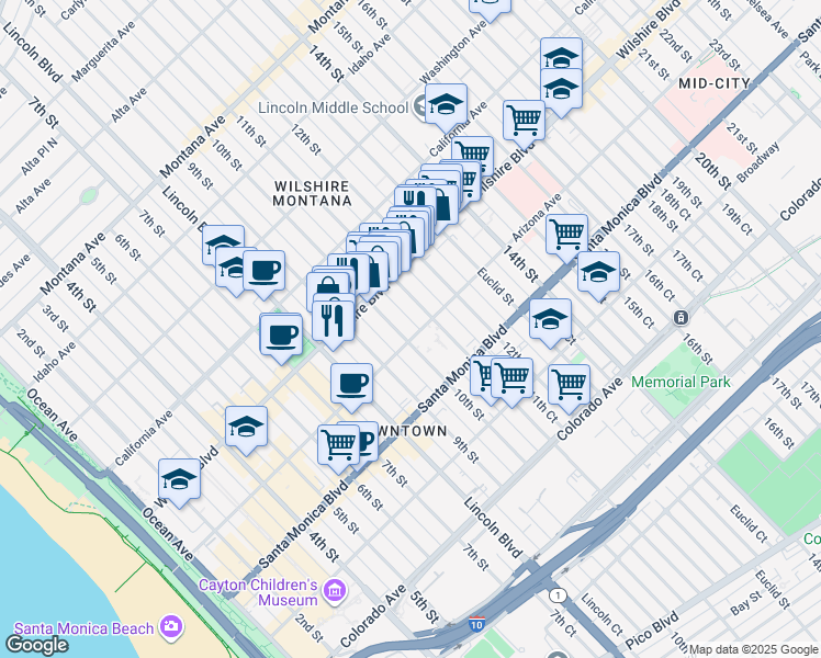 map of restaurants, bars, coffee shops, grocery stores, and more near 1247 10th Court in Santa Monica