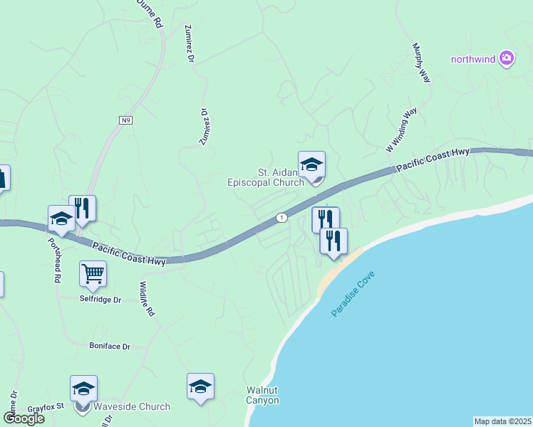 map of restaurants, bars, coffee shops, grocery stores, and more near 28358 Rey De Copas Lane in Malibu