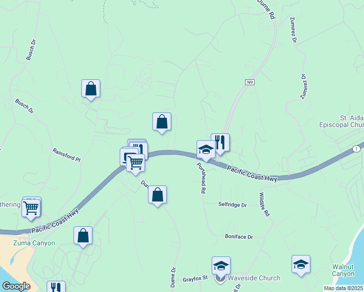 map of restaurants, bars, coffee shops, grocery stores, and more near 29051 1/2 Pacific Coast Highway in Malibu