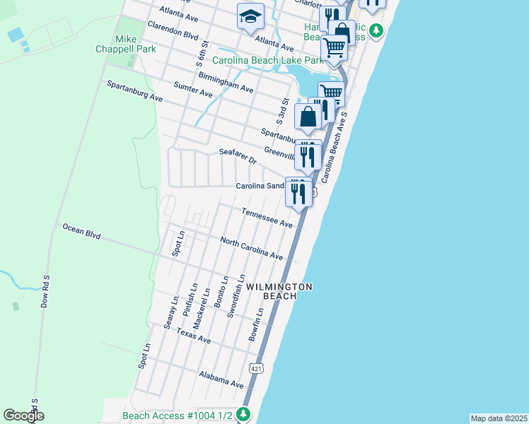 map of restaurants, bars, coffee shops, grocery stores, and more near 1119 Swordfish Lane in Carolina Beach