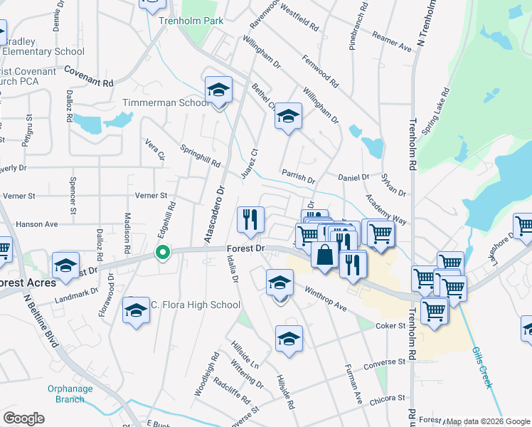 map of restaurants, bars, coffee shops, grocery stores, and more near 107 Kings Mill Road in Columbia