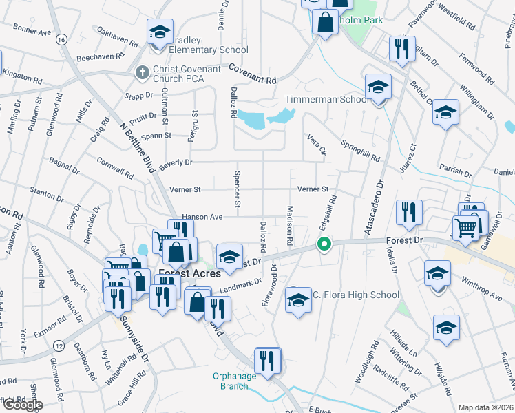 map of restaurants, bars, coffee shops, grocery stores, and more near 1808 Dalloz Road in Columbia