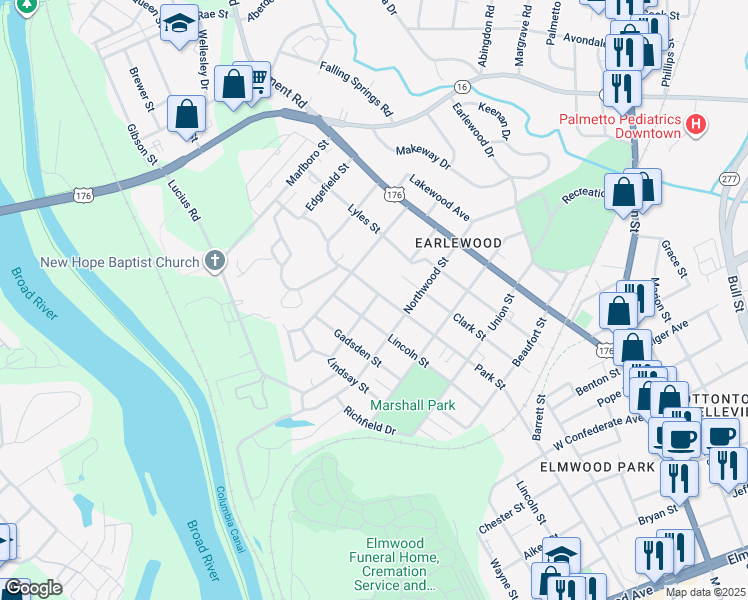 map of restaurants, bars, coffee shops, grocery stores, and more near 3211 Park Street in Columbia