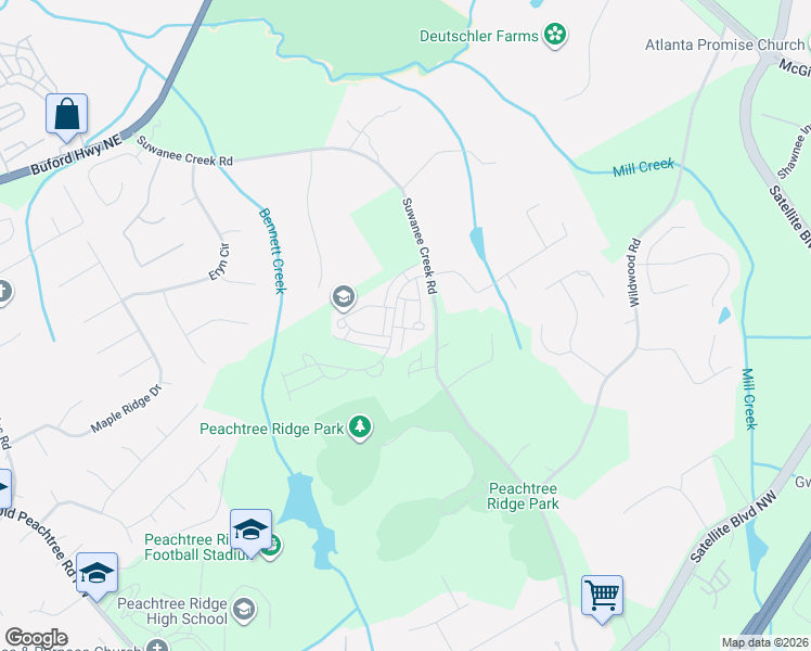 map of restaurants, bars, coffee shops, grocery stores, and more near 3233 Suwanee Creek Road in Suwanee
