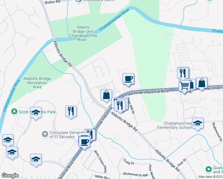 map of restaurants, bars, coffee shops, grocery stores, and more near 4343 Ainsley Mill Lane in Duluth