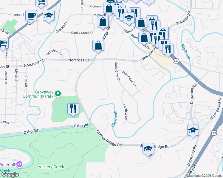 map of restaurants, bars, coffee shops, grocery stores, and more near 190 Elaine Drive in Roswell