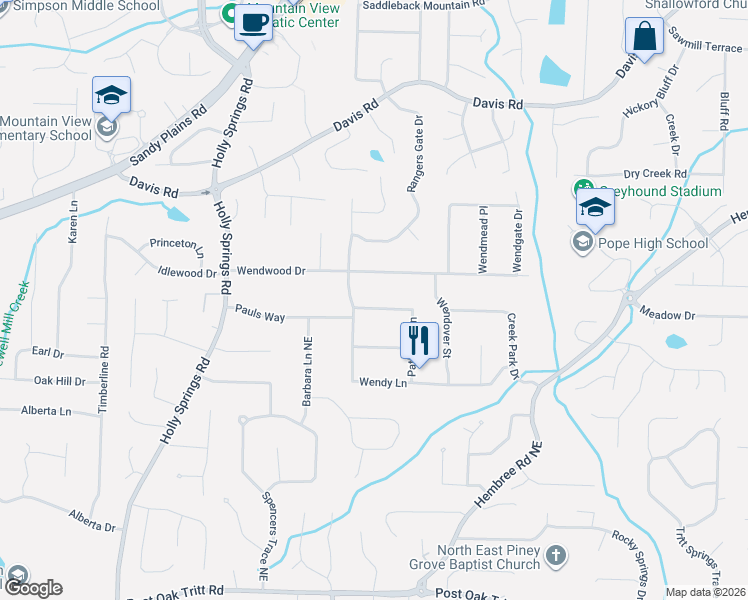 map of restaurants, bars, coffee shops, grocery stores, and more near 3052 Pathview Lane in Marietta