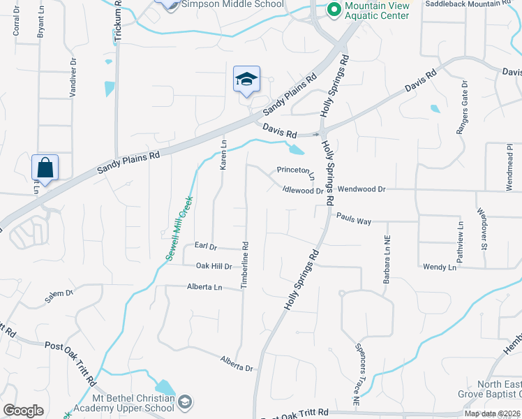 map of restaurants, bars, coffee shops, grocery stores, and more near 2972 Timberline Road in Marietta