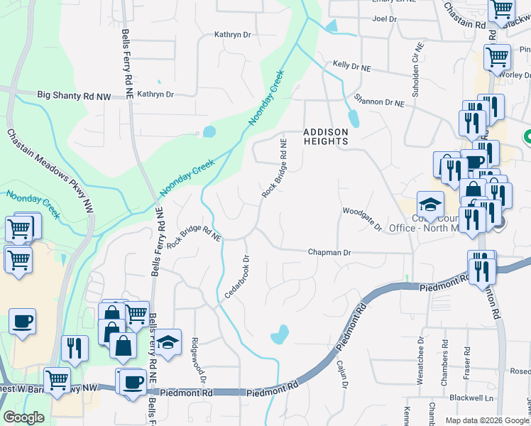 map of restaurants, bars, coffee shops, grocery stores, and more near 2952 Rock Bridge Road Northeast in Marietta