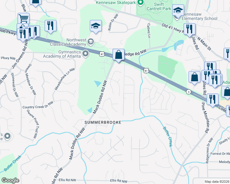 map of restaurants, bars, coffee shops, grocery stores, and more near 3242 Summer Stream Lane in Kennesaw