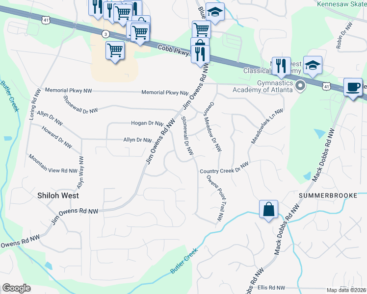 map of restaurants, bars, coffee shops, grocery stores, and more near 3434 Hogan Drive Northwest in Kennesaw