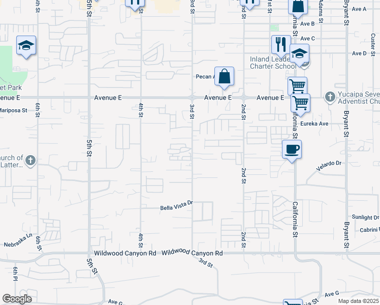 map of restaurants, bars, coffee shops, grocery stores, and more near 12710 3rd Street in Yucaipa