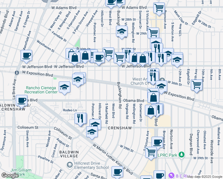 map of restaurants, bars, coffee shops, grocery stores, and more near 3506 West Boulevard in Los Angeles