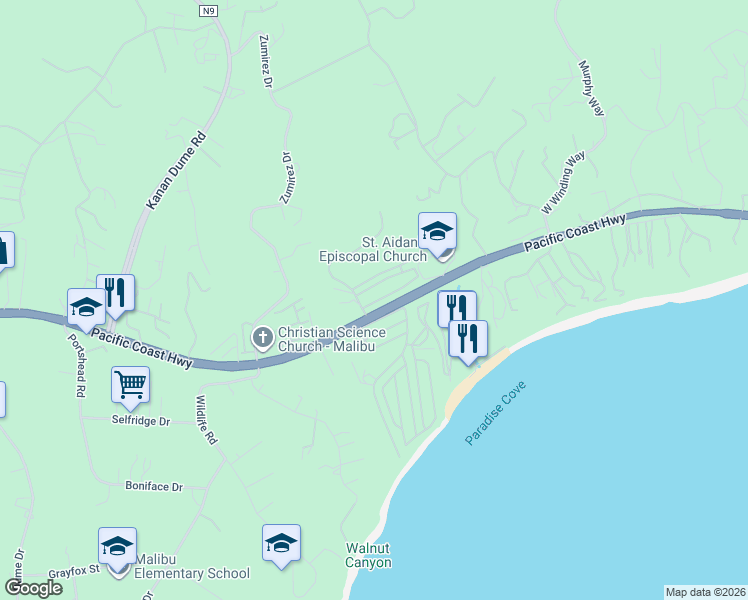 map of restaurants, bars, coffee shops, grocery stores, and more near 28370 Rey De Copas Lane in Malibu