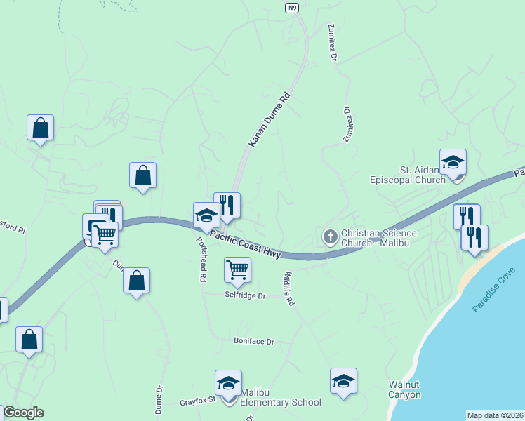 map of restaurants, bars, coffee shops, grocery stores, and more near 28907 Wight Road in Malibu
