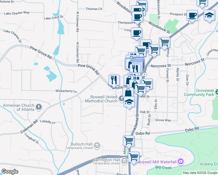 map of restaurants, bars, coffee shops, grocery stores, and more near 7740 Georgetown Chase in Roswell