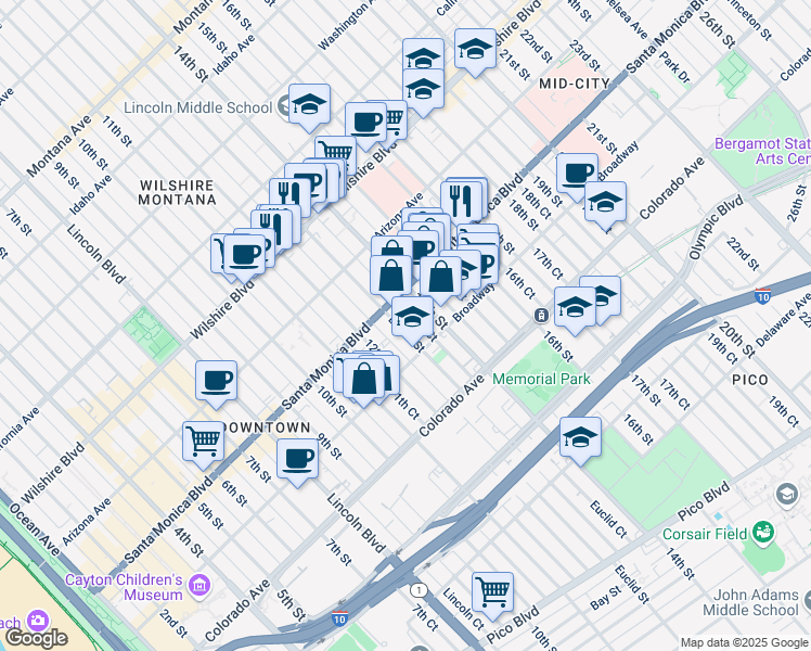 map of restaurants, bars, coffee shops, grocery stores, and more near 1250 Santa Monica Boulevard in Santa Monica