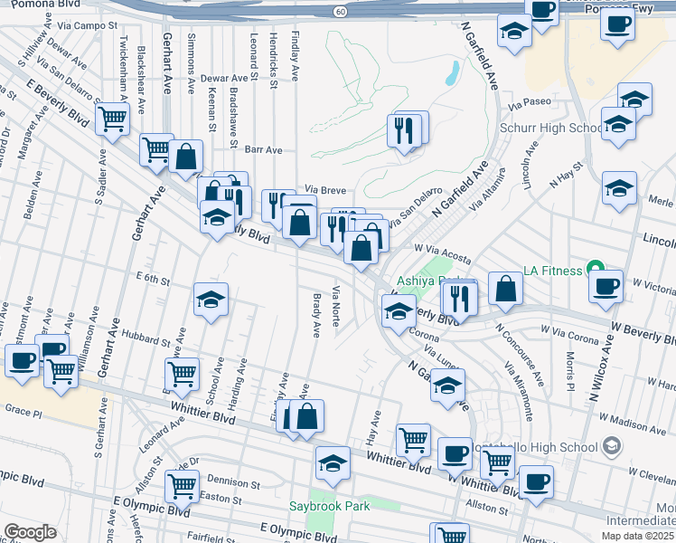 map of restaurants, bars, coffee shops, grocery stores, and more near 3016 West Via Corona in Montebello