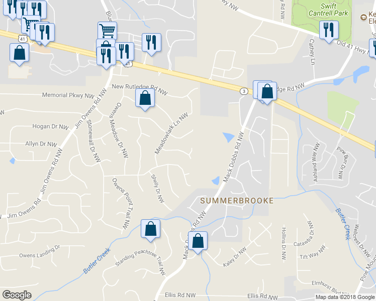 map of restaurants, bars, coffee shops, grocery stores, and more near 3289 Long Meadow Pass Northwest in Kennesaw