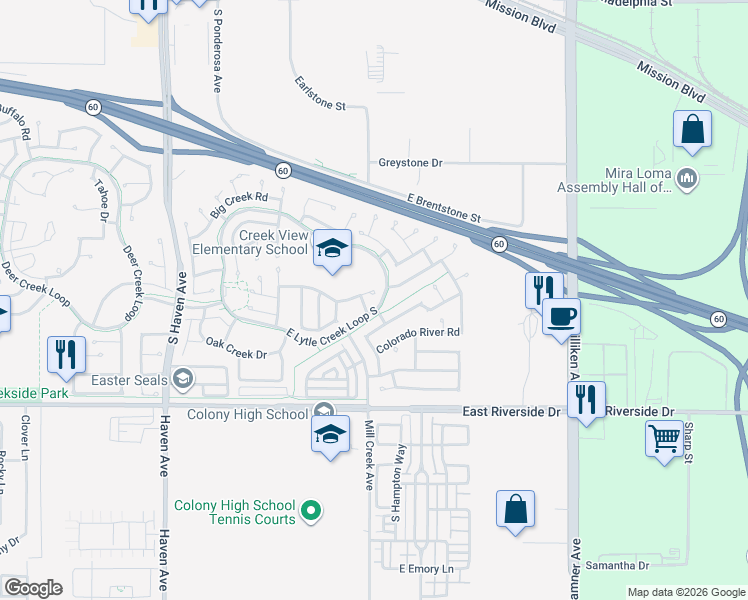 map of restaurants, bars, coffee shops, grocery stores, and more near 3864 Antelope Creek Drive in Ontario