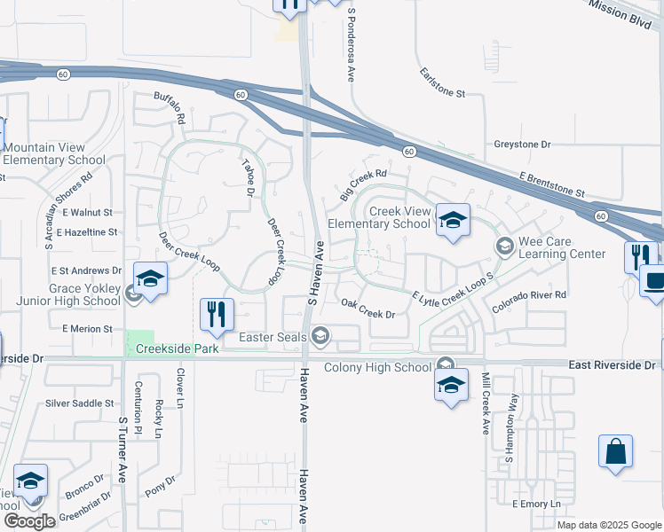 map of restaurants, bars, coffee shops, grocery stores, and more near 3538 Warm Springs Court in Ontario