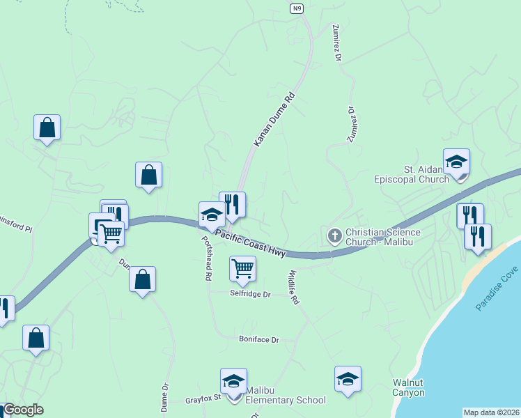 map of restaurants, bars, coffee shops, grocery stores, and more near 28907 Wight Road in Malibu