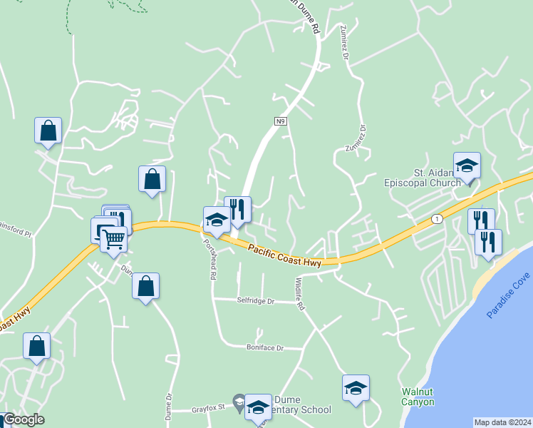 map of restaurants, bars, coffee shops, grocery stores, and more near 28929 Wight Road in Malibu