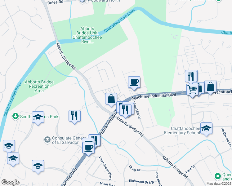 map of restaurants, bars, coffee shops, grocery stores, and more near 4343 Ainsley Mill Lane in Duluth