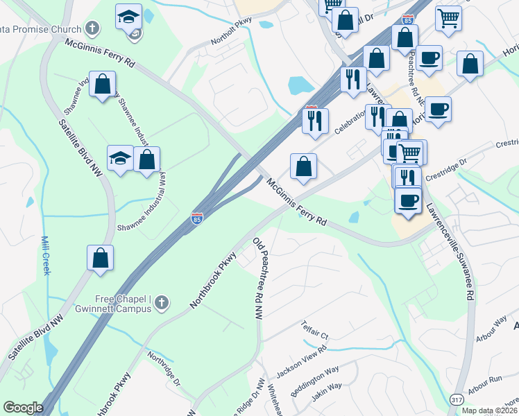 map of restaurants, bars, coffee shops, grocery stores, and more near 295 Old Peachtree Road Northwest in Suwanee