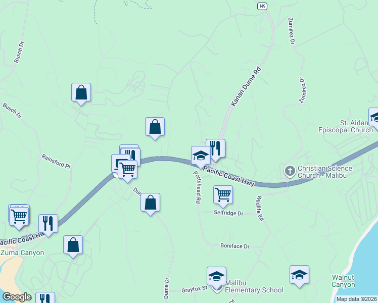map of restaurants, bars, coffee shops, grocery stores, and more near 6489 Cavalleri Road in Malibu