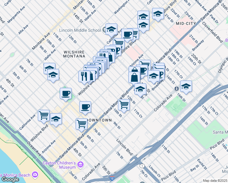 map of restaurants, bars, coffee shops, grocery stores, and more near 1315 11th Street in Santa Monica