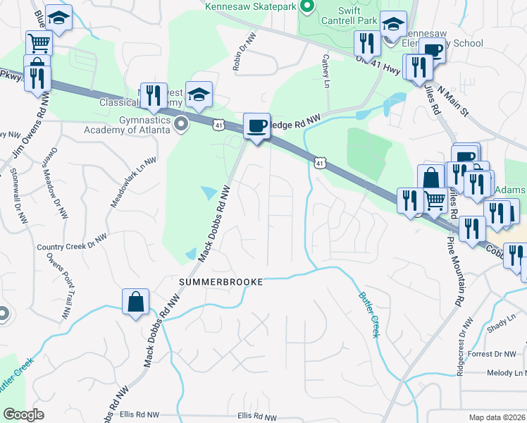 map of restaurants, bars, coffee shops, grocery stores, and more near 2806 Summer Stream Drive in Kennesaw