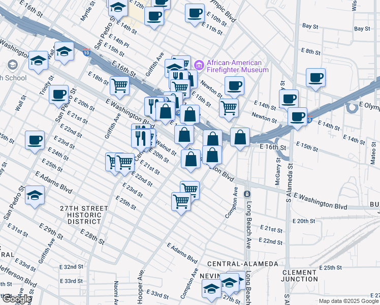map of restaurants, bars, coffee shops, grocery stores, and more near 1402 East Washington Boulevard in Los Angeles