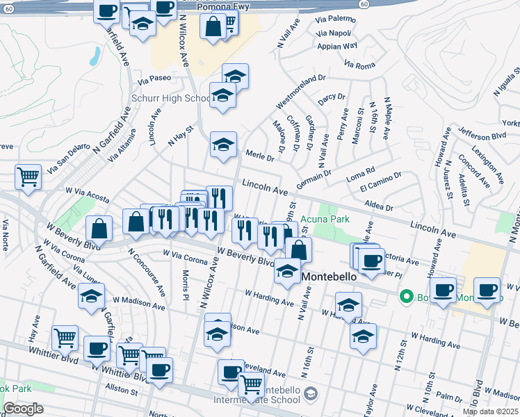map of restaurants, bars, coffee shops, grocery stores, and more near 612 North 21st Street in Montebello