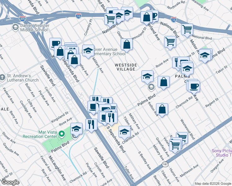 map of restaurants, bars, coffee shops, grocery stores, and more near 10974 Rose Avenue in Los Angeles