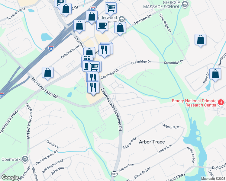 map of restaurants, bars, coffee shops, grocery stores, and more near 2706 Beynon Lane Northeast in Suwanee
