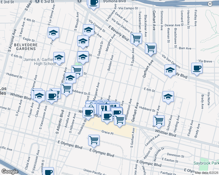 map of restaurants, bars, coffee shops, grocery stores, and more near 629 Eastmont Avenue in East Los Angeles