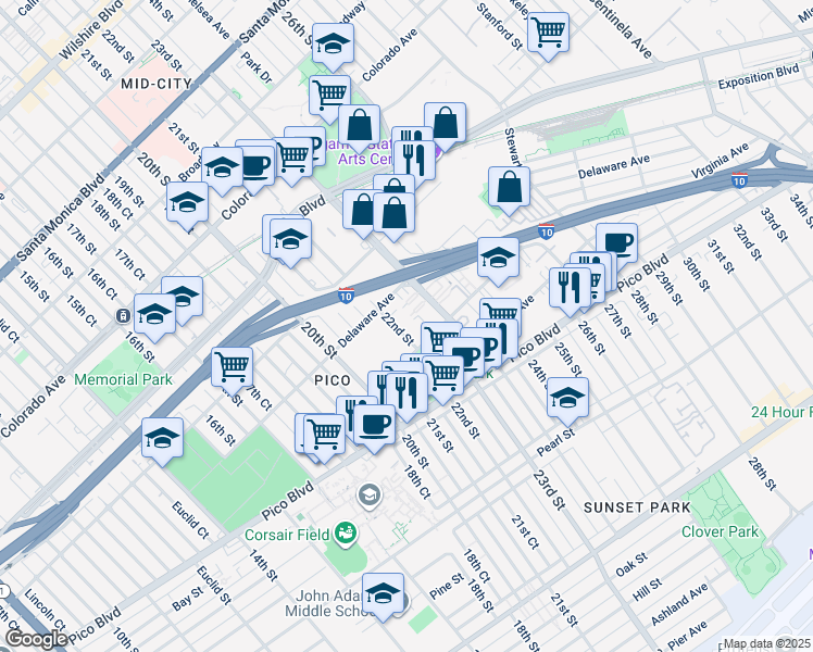map of restaurants, bars, coffee shops, grocery stores, and more near in Santa Monica