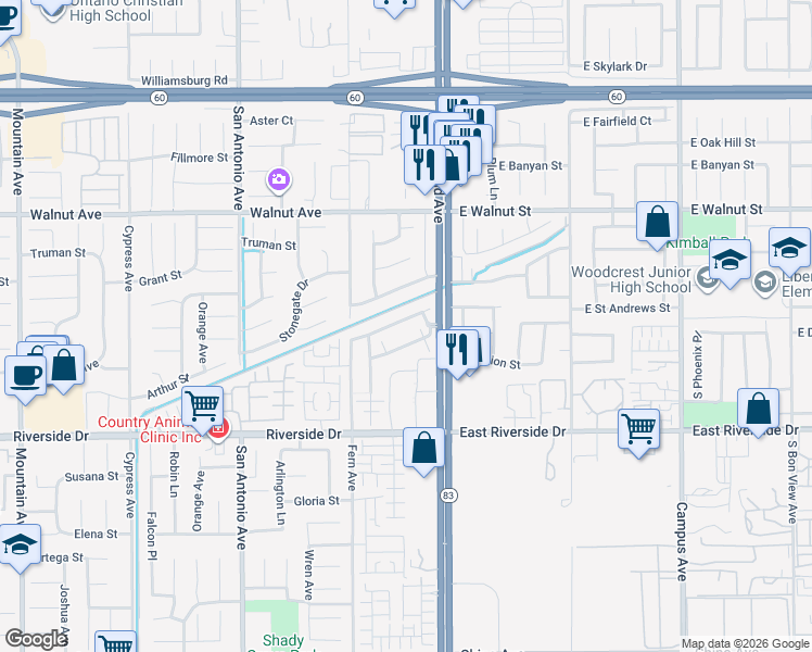 map of restaurants, bars, coffee shops, grocery stores, and more near 235 West Saint Andrews Street in Ontario