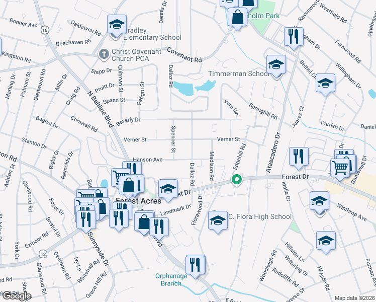 map of restaurants, bars, coffee shops, grocery stores, and more near 1808 Dalloz Road in Columbia