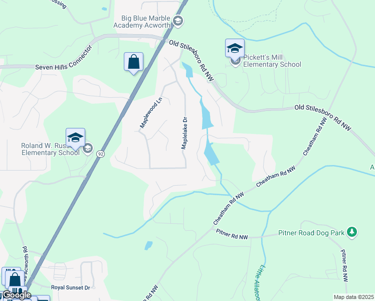 map of restaurants, bars, coffee shops, grocery stores, and more near 460 Maplelake Drive in Acworth